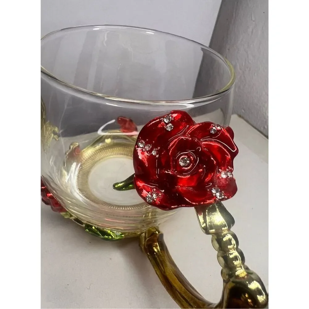 ARC of France Glass Coffee Tea Cup Jeweled‎ Floral Enameled Gold Handle